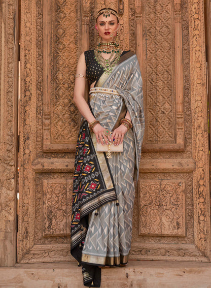 Grey with Black Soft Floral Printed Saree with Ekat Border and Pallu