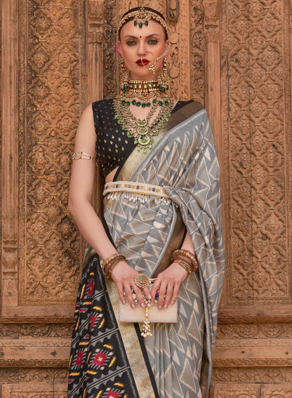 Grey with Black Soft Floral Printed Saree with Ekat Border and Pallu