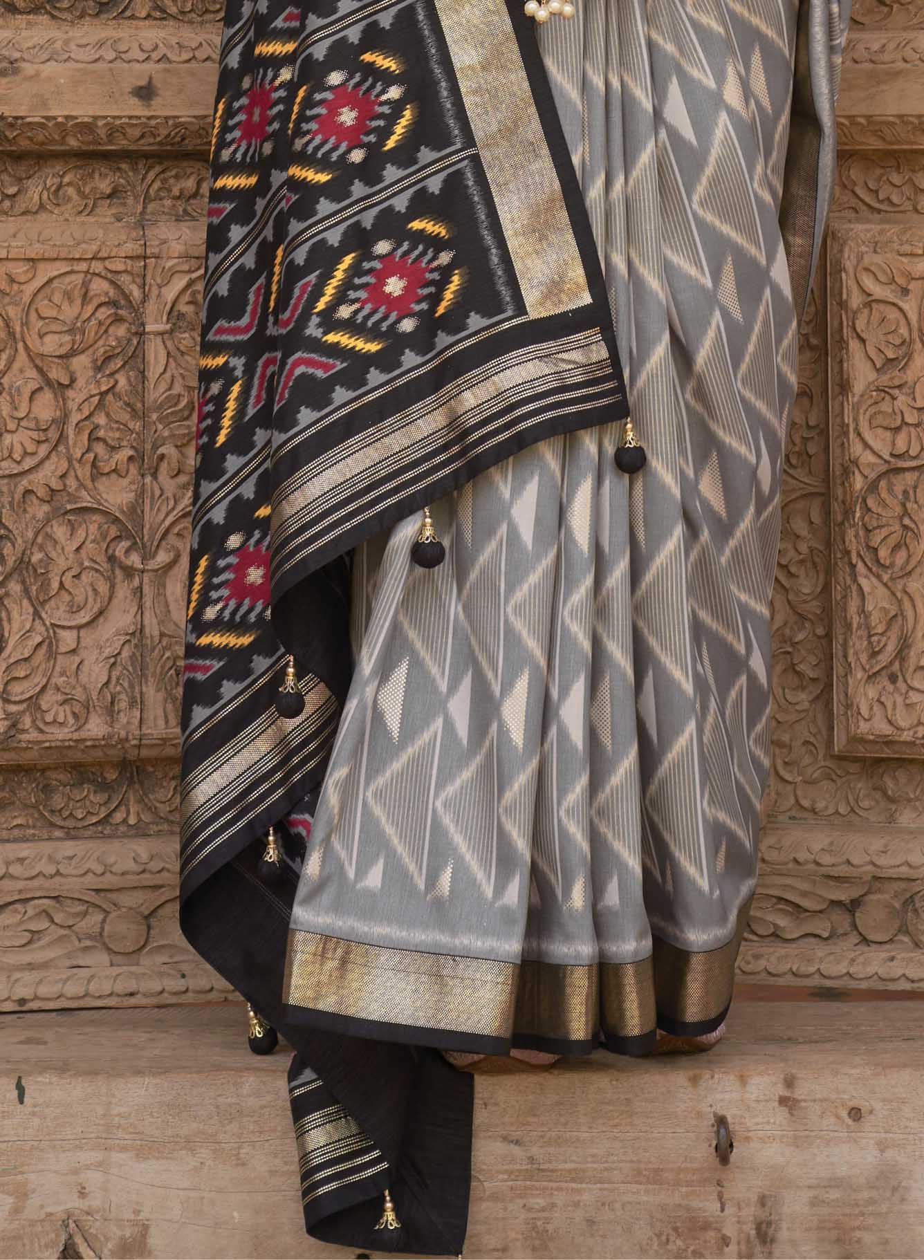 Grey with Black Soft Floral Printed Saree with Ekat Border and Pallu