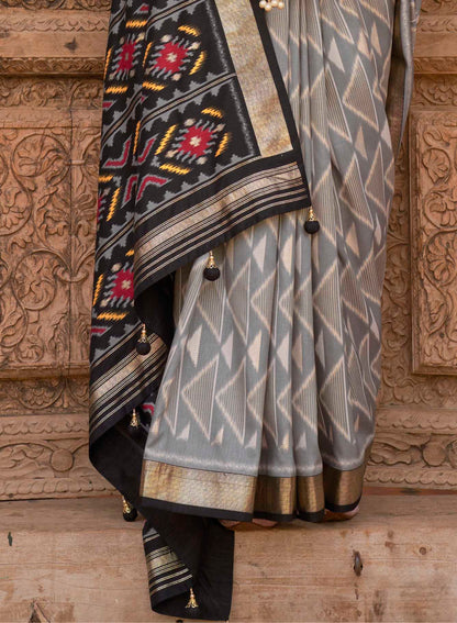 Grey with Black Soft Floral Printed Saree with Ekat Border and Pallu