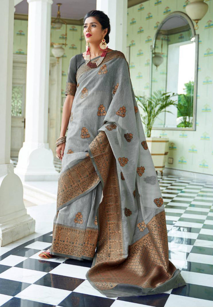 Light Grey with Black Soft Linen Silk Saree for Woman