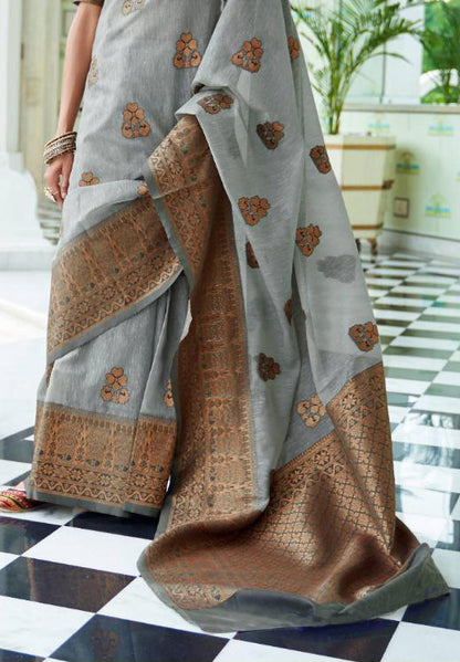 Light Grey with Black Soft Linen Silk Saree for Woman