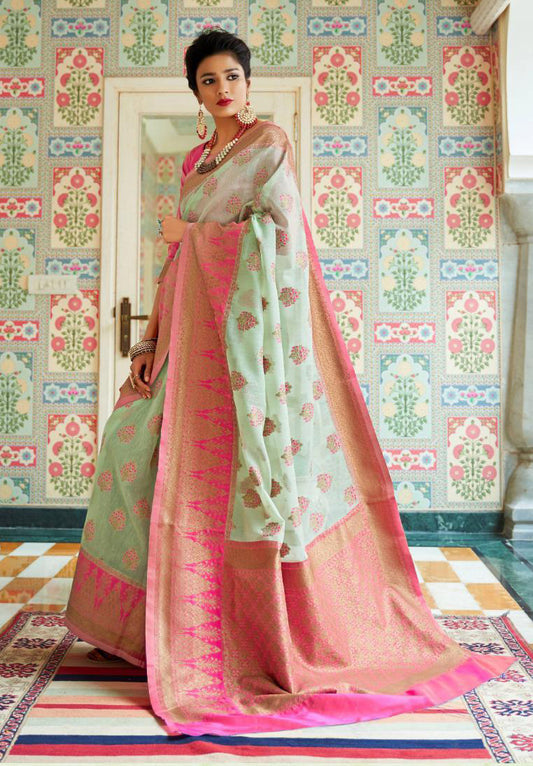 Mild Green with Pink Soft Linen Silk Saree for Woman