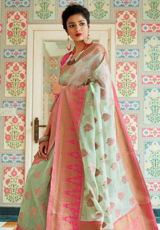 Mild Green with Pink Soft Linen Silk Saree for Woman