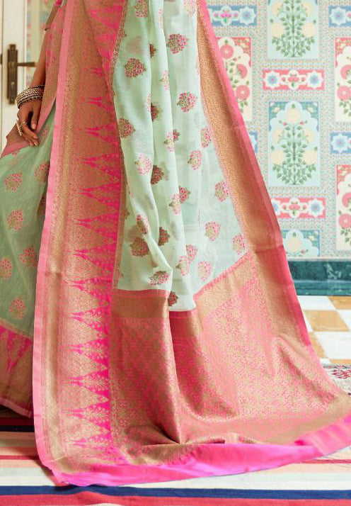 Mild Green with Pink Soft Linen Silk Saree for Woman