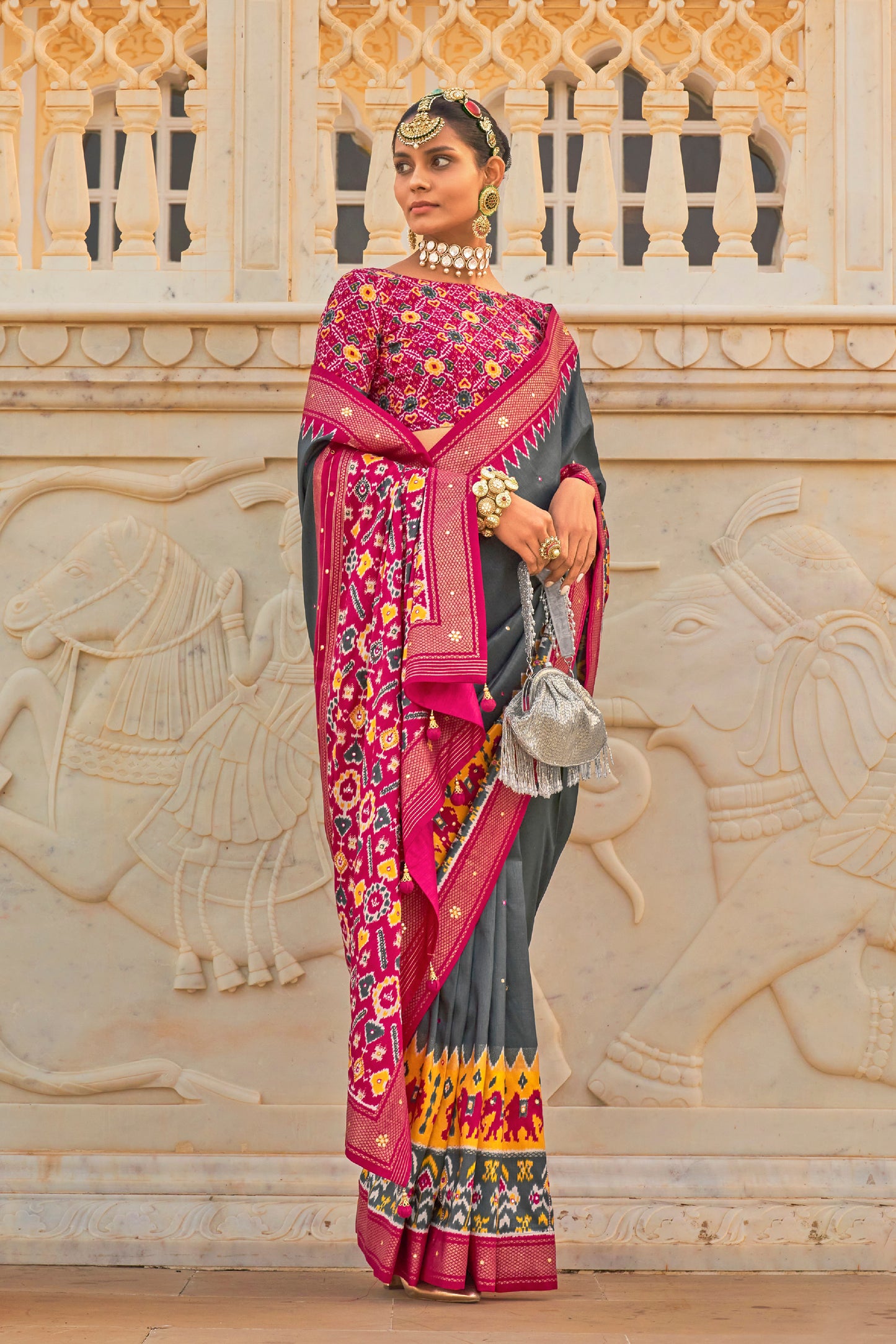 Dark Grey & Pink Patola Inspired Designer Embellished Bordered Saree