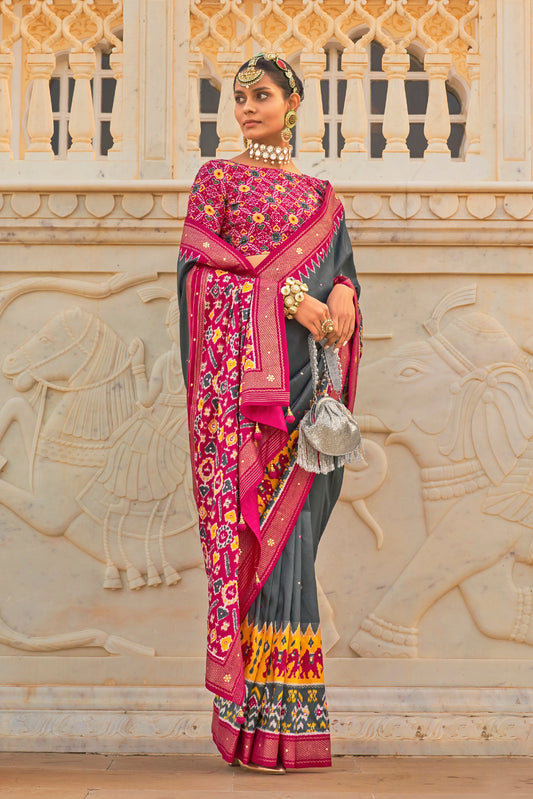 Dark Grey & Pink Patola Inspired Designer Embellished Bordered Saree