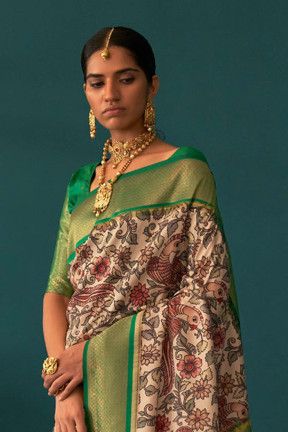 Cream Printed Soft Satin Silk Kalamkari Saree with Green Pattu Border