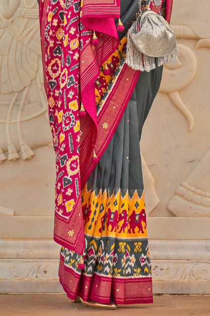 Dark Grey & Pink Patola Inspired Designer Embellished Bordered Saree