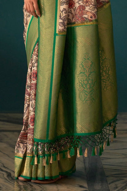 Cream Printed Soft Satin Silk Kalamkari Saree with Green Pattu Border