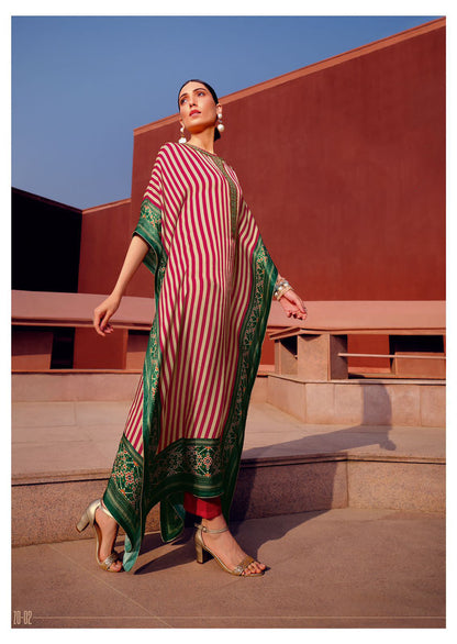 Red White Stripe Pure Satin Silk Kaftan Dress with Patola Border