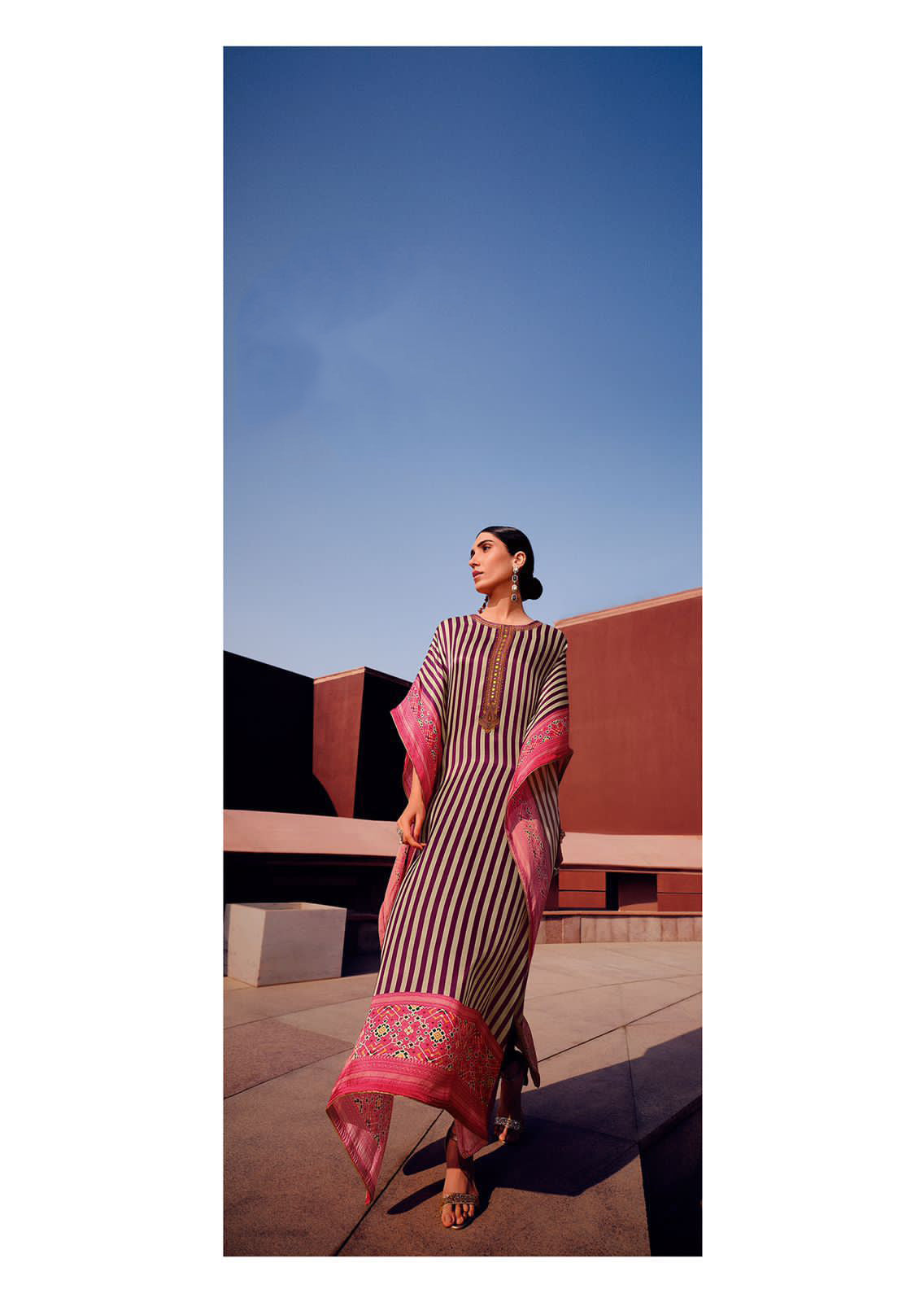 Brown White Stripe Kaftan Dress with Pink Patola Border