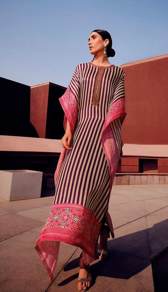 Brown White Stripe Kaftan Dress with Pink Patola Border
