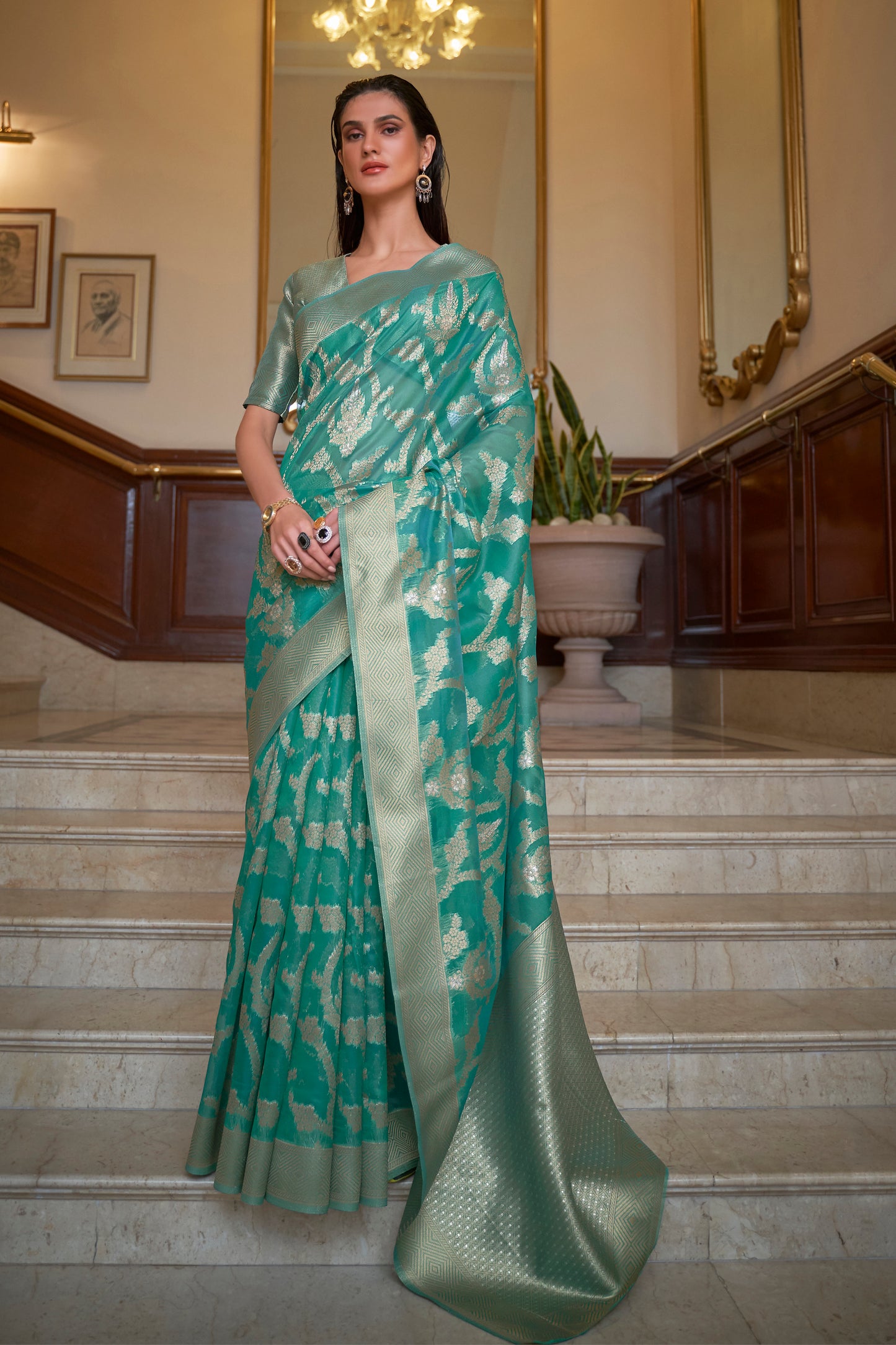 Teal Green Banarasi Organza Saree with Woven Jaal Weaving