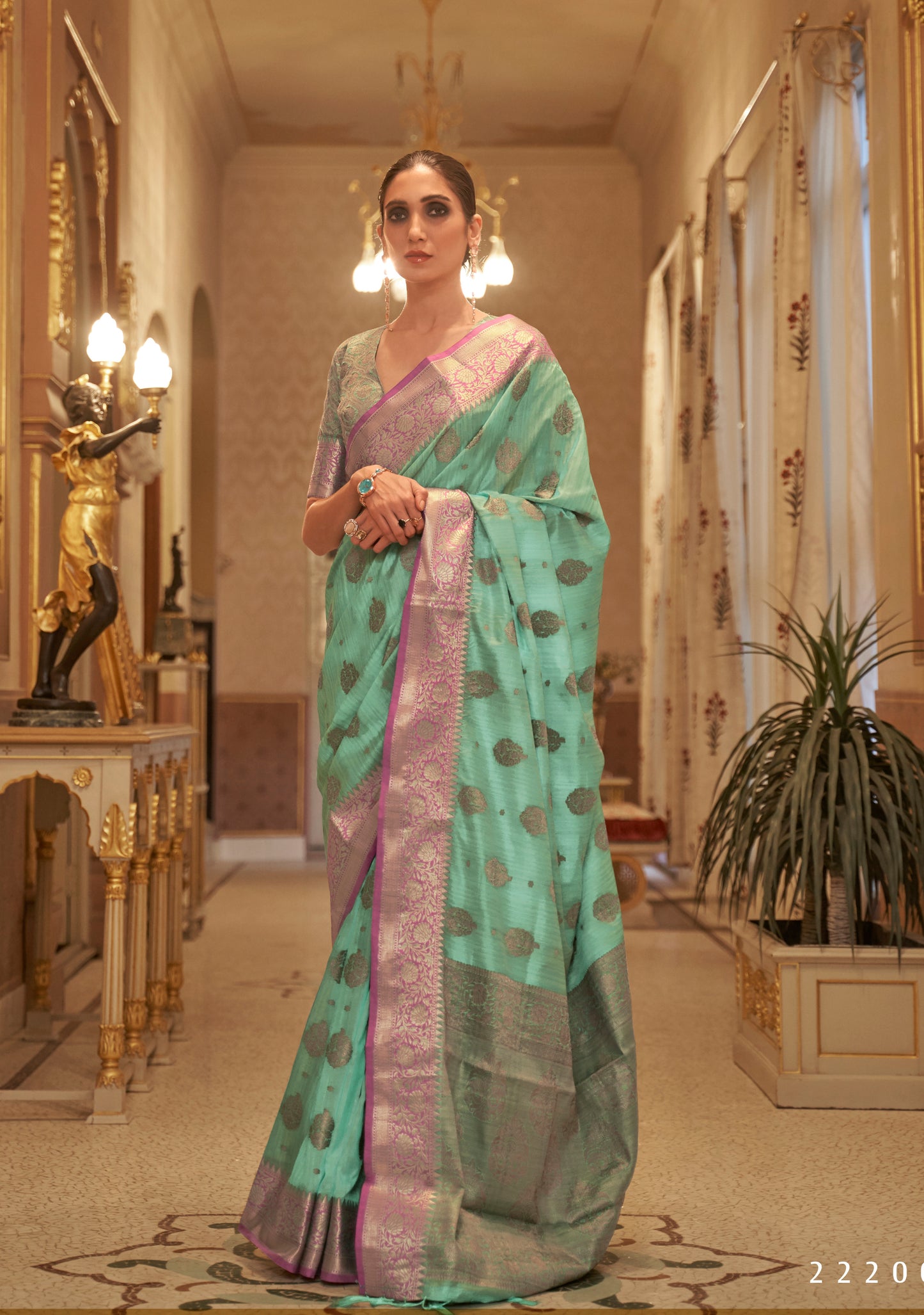 Green Pink Soft Tussar Silk Saree with Copper Zari Butti