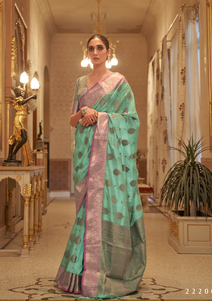 Green Pink Soft Tussar Silk Saree with Copper Zari Butti
