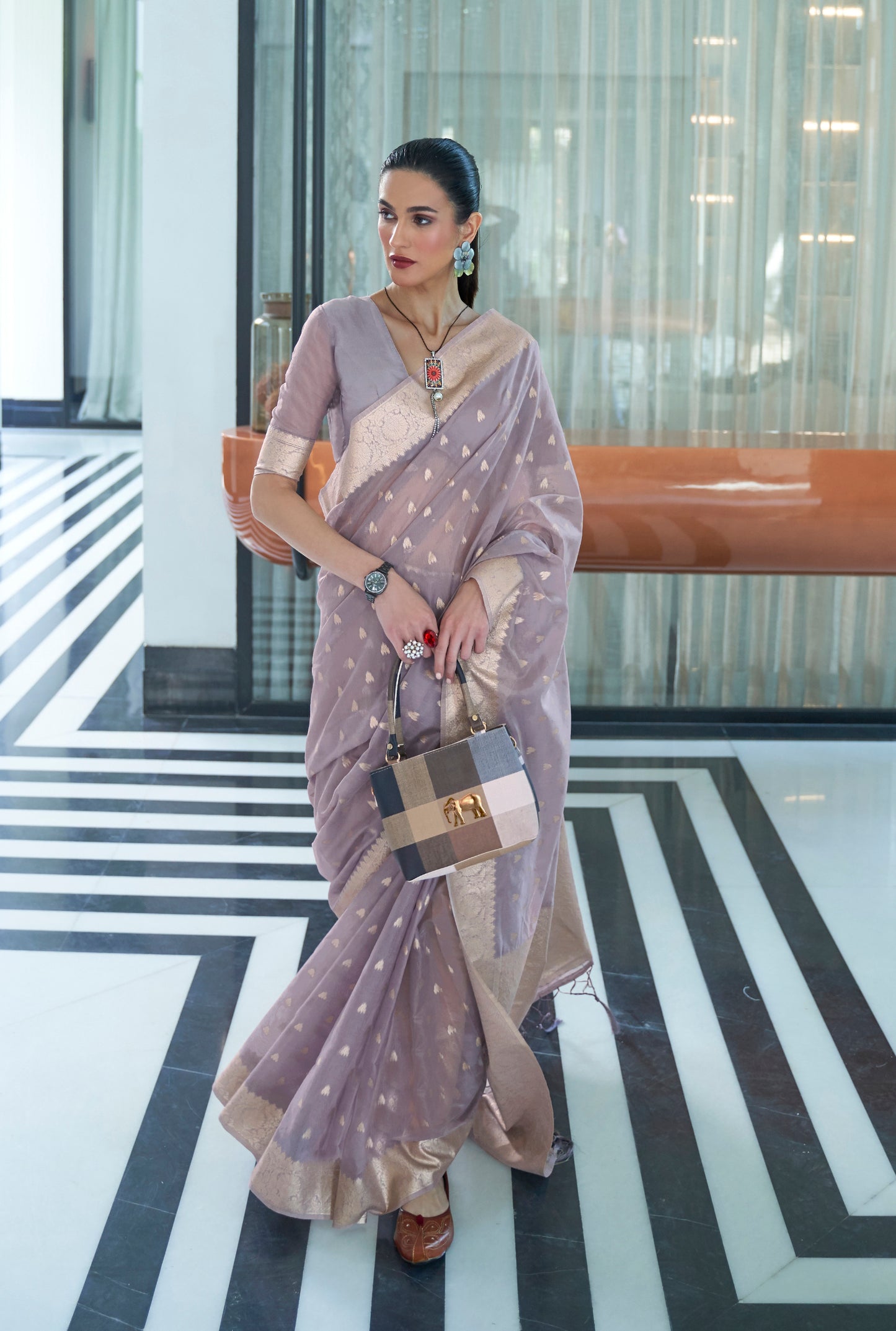 Burnt Purple Banarasi Linen Inspired Zari Woven Saree