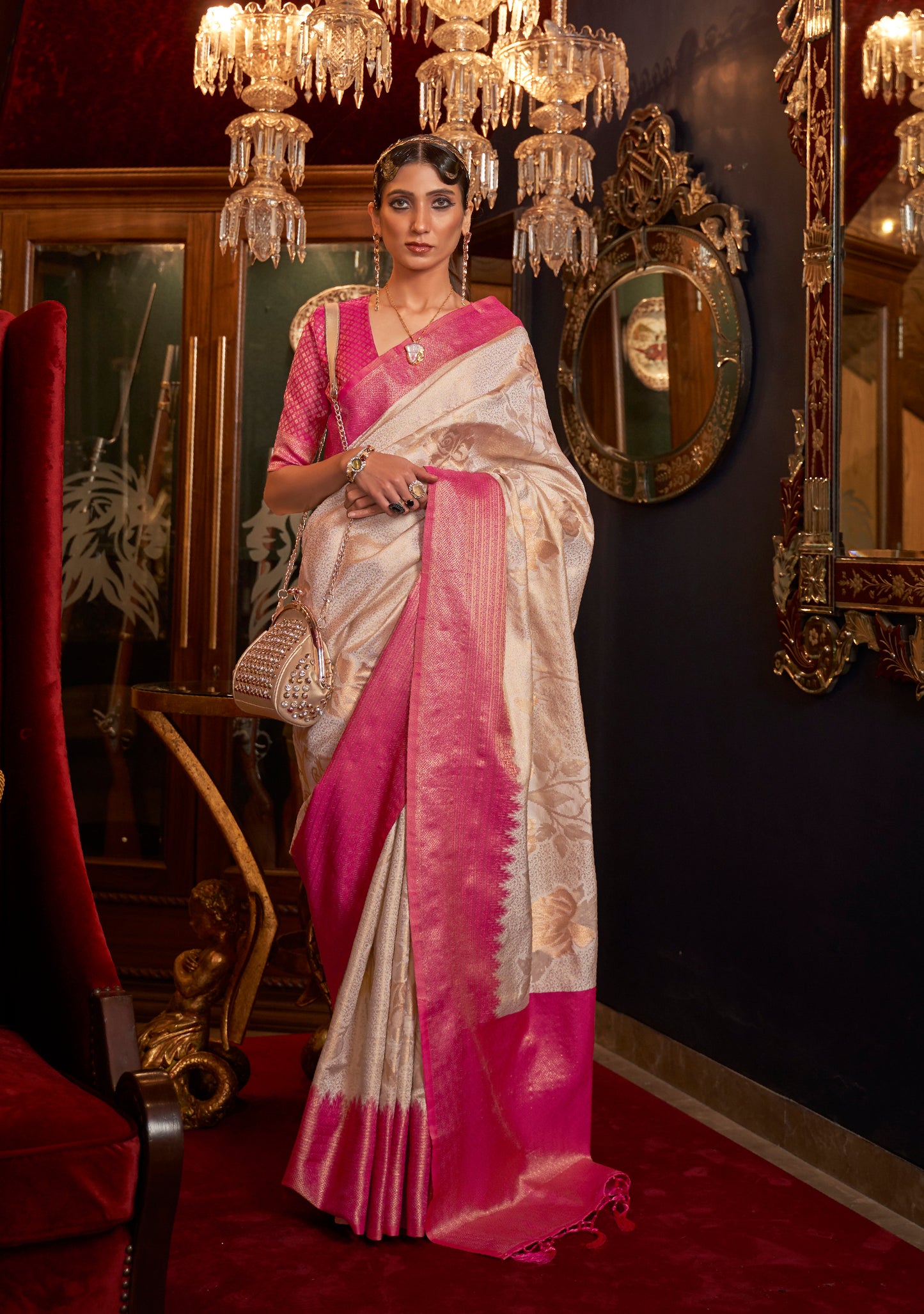 Glossy White with Pink kanjivaram Pattu Saree for Woman