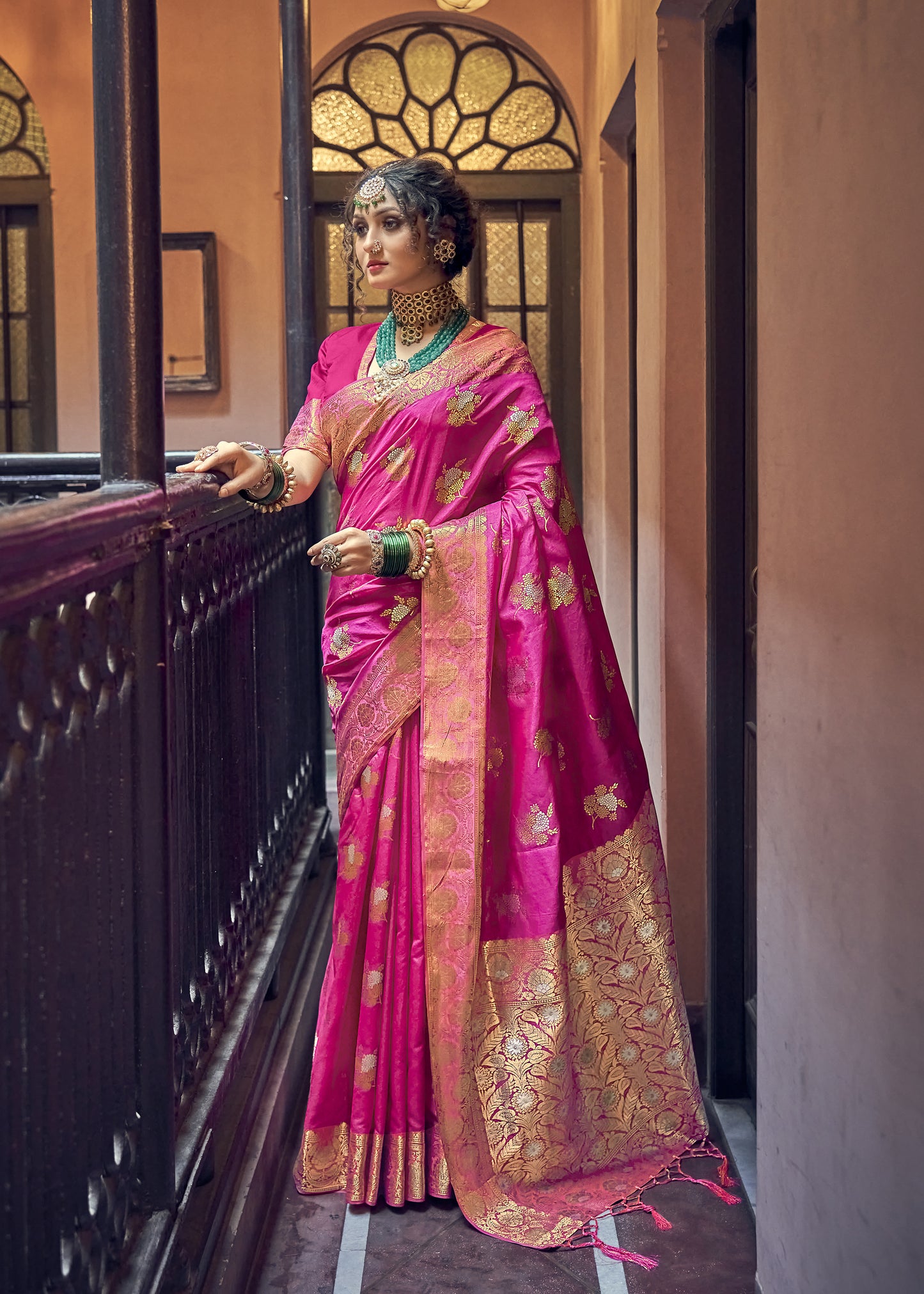 Maharani Pink Banarasi Kaduwa Dual Zari Woven Saree for Weddings