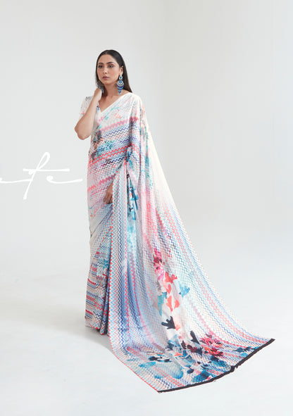 Rainbow White Abstract 3D Printed Pure Satin Silk Saree for Weddings