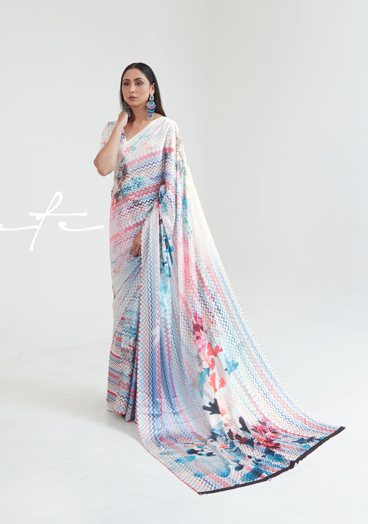 Rainbow White Abstract 3D Printed Pure Satin Silk Saree for Weddings