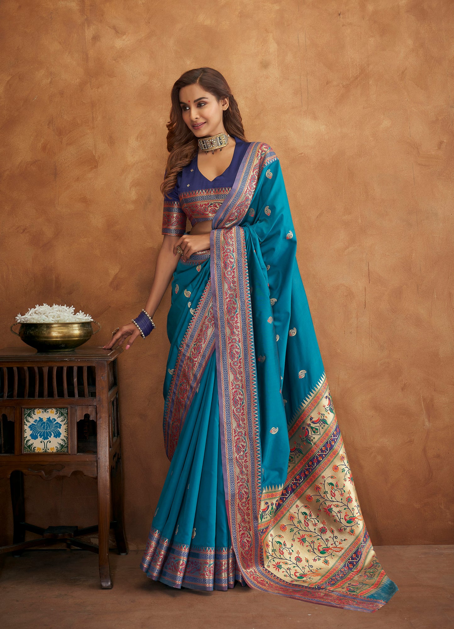 Ocean Blue Woven Paithani Soft Silk Saree for Weddings