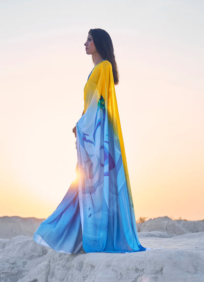 Yellow Blue Ombre Digital Designer Printed Satin Saree