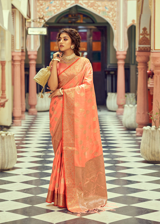 Merigold Orange Woven Banarasi Saree for Weddings