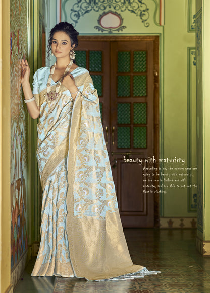 Powder Blue Banarasi Jungla Jaal Zari Woven Saree for Weddings