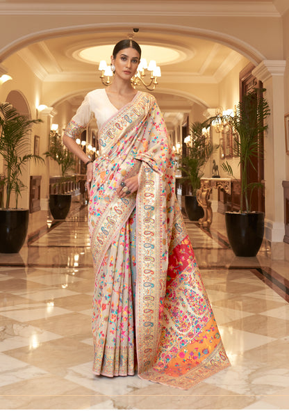 Beige White Kashmiri Handloom Modal Silk Woven Kani Saree for Weddings