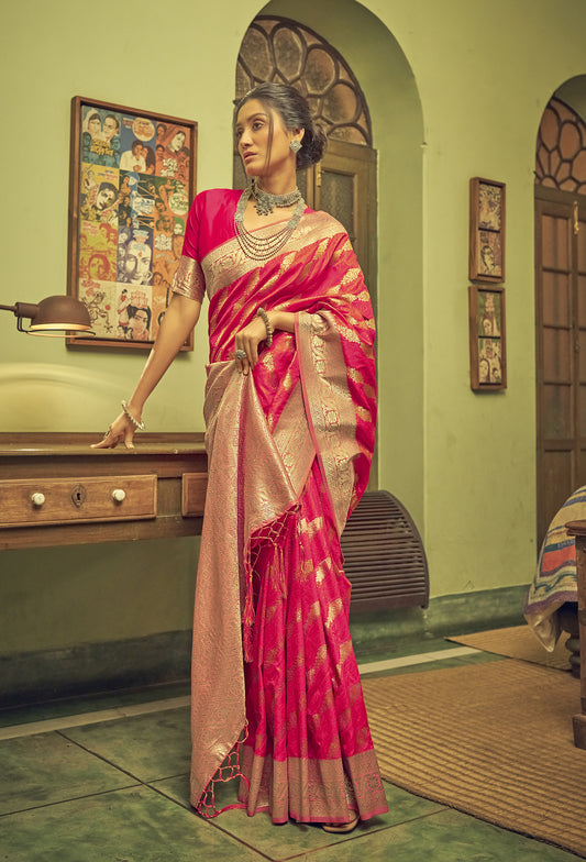 Bright Red Soft Banarasi Saree with Lehariya Style Zari Weaving