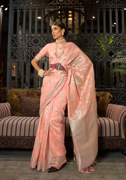 Light Peach Banarasi Jungla Jaal Woven Soft Silk Saree