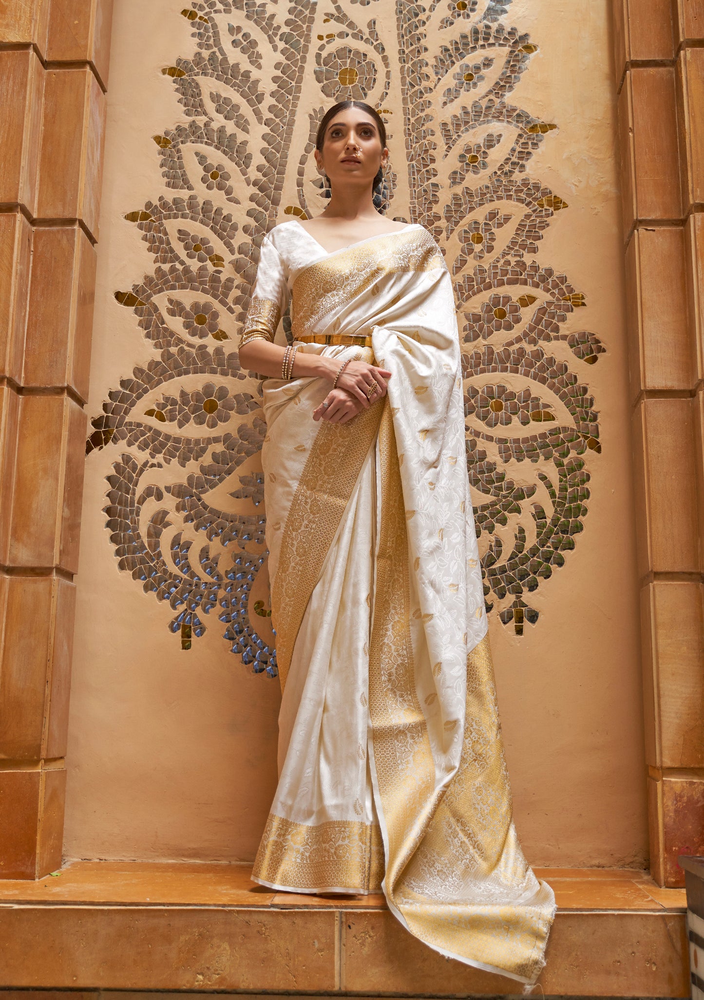Pearl White Kasavu Style  Soft Kanjivaram Silk Saree with Blouse