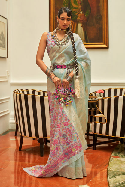 Cyan Blue Chanderi Inspired Woven Saree with Kashmiri Pallu and Blouse