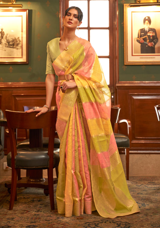 Golden and Yellow Shadded Beautiful Organza Silk Saree Blouse for Woman