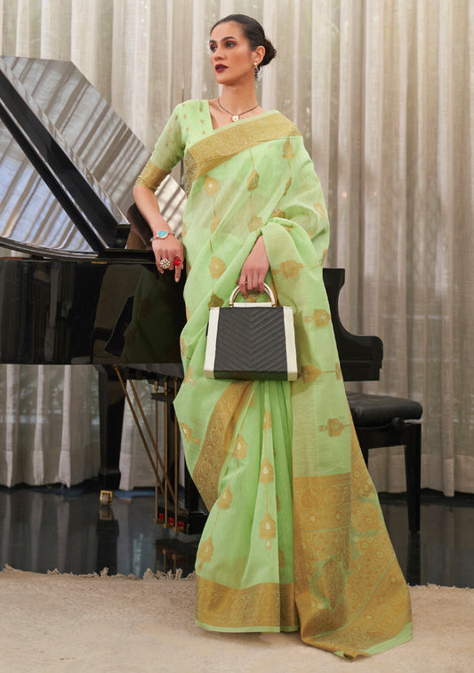 Bright Green Woven Banarasi Linen Saree