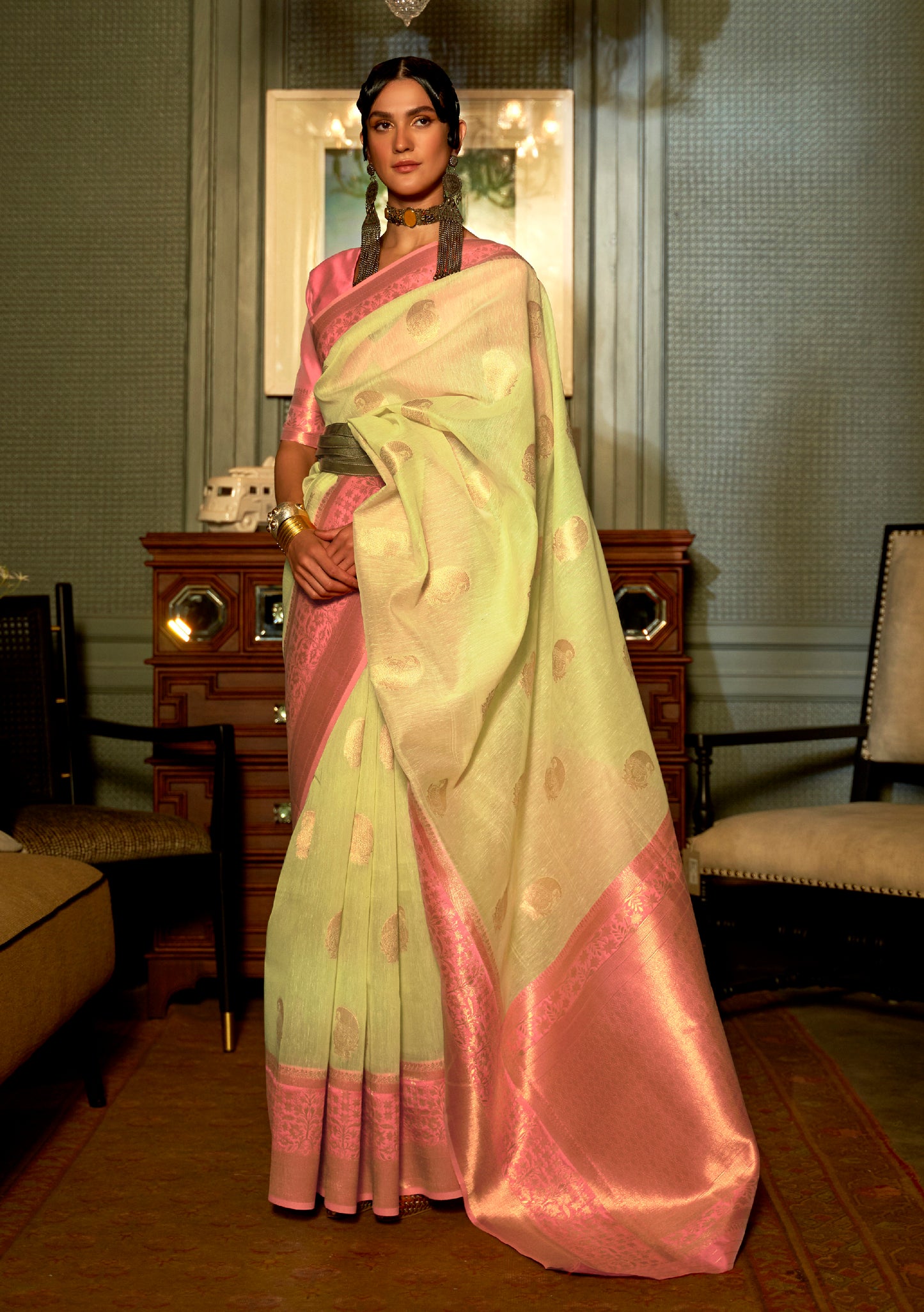 Yellow & Pink Woven Linen Silk Saree