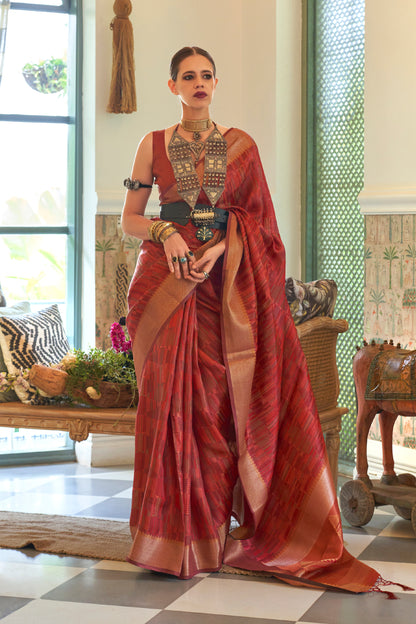 Rust Red Tussar Woven Designer Silk Saree for Weddings