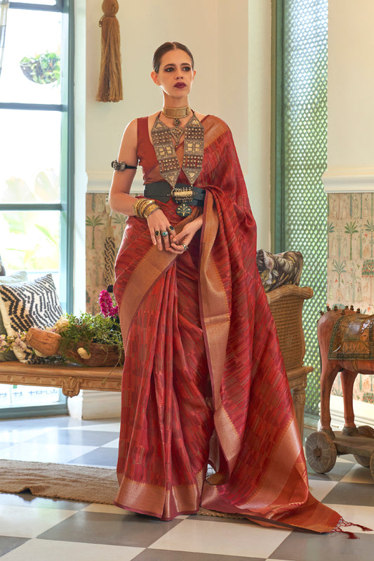 Rust Red Tussar Woven Designer Silk Saree for Weddings