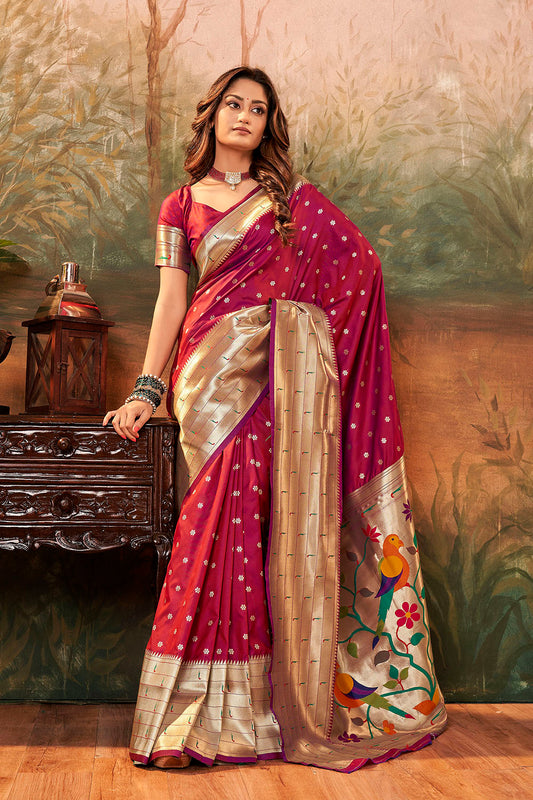 Berry Red Banarasi Paithani Saree with Parrot Pallu and Broad Zari Border