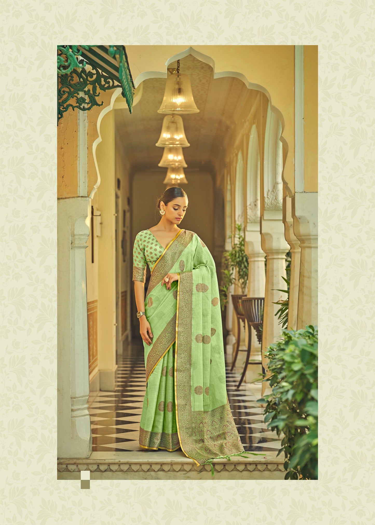 Pastel Green Woven Linen Silk Saree