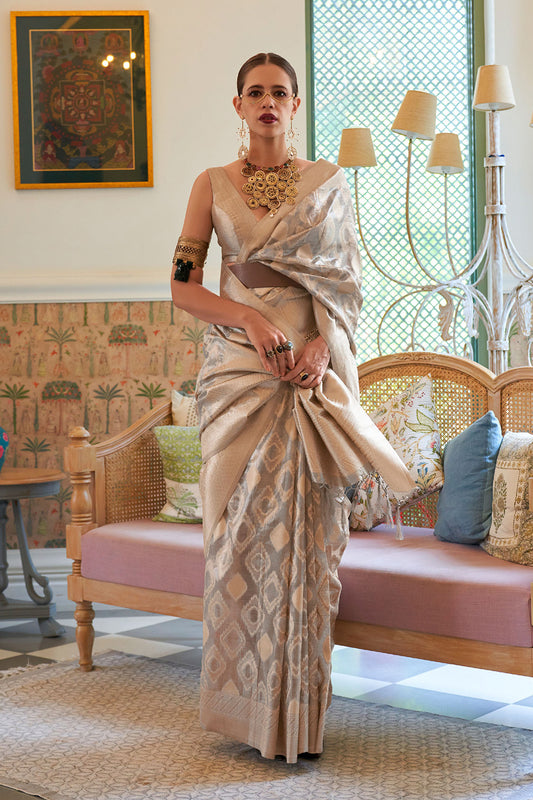 Dove Grey Soft Tissue Zari Jaal Weaving Saree for Weddings