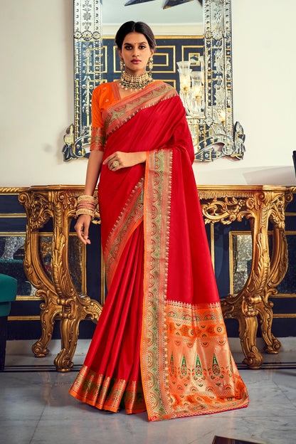 Hot Red Paithani Woven Pallu and Border Saree with Contrast Blouse