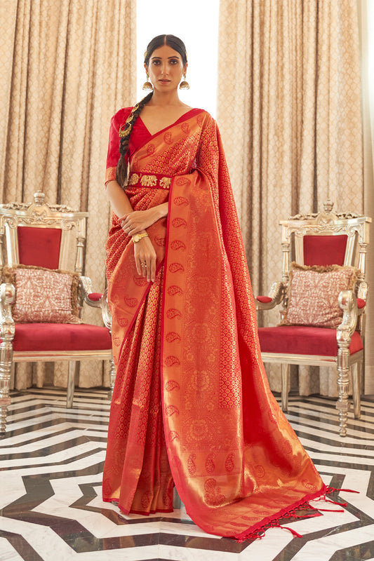 Bella Red Woven Brocade Kanjivaram Saree with Peacock Border