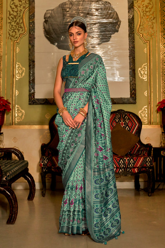 Green Ikat Design Patola Saree with Patola Border and Blouse