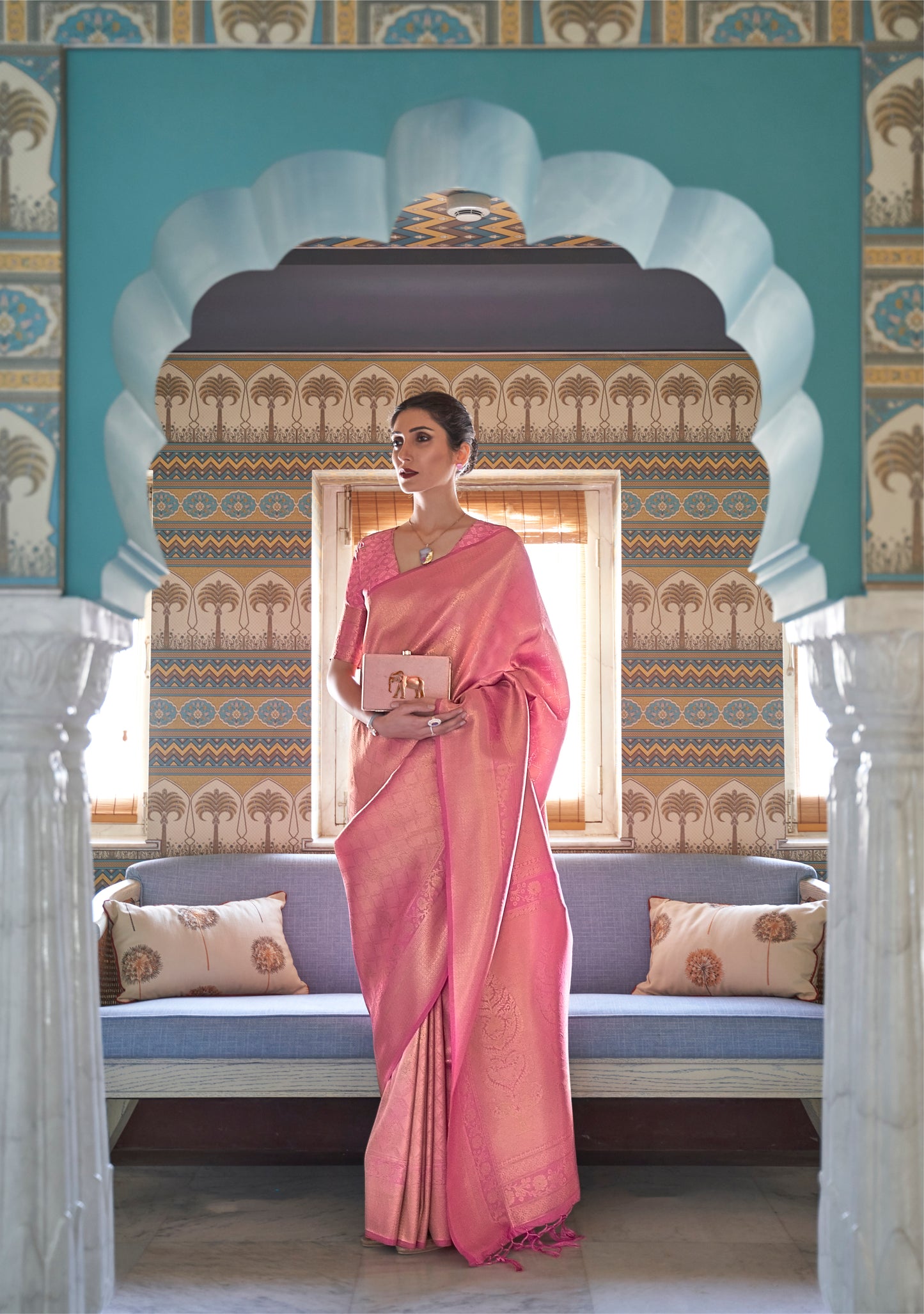 French Pink Kanjivaram Silk Saree with Antique Finish & Glossy