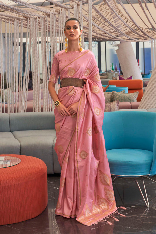 Medium Pink Pure Satin Silk Zari Woven Saree