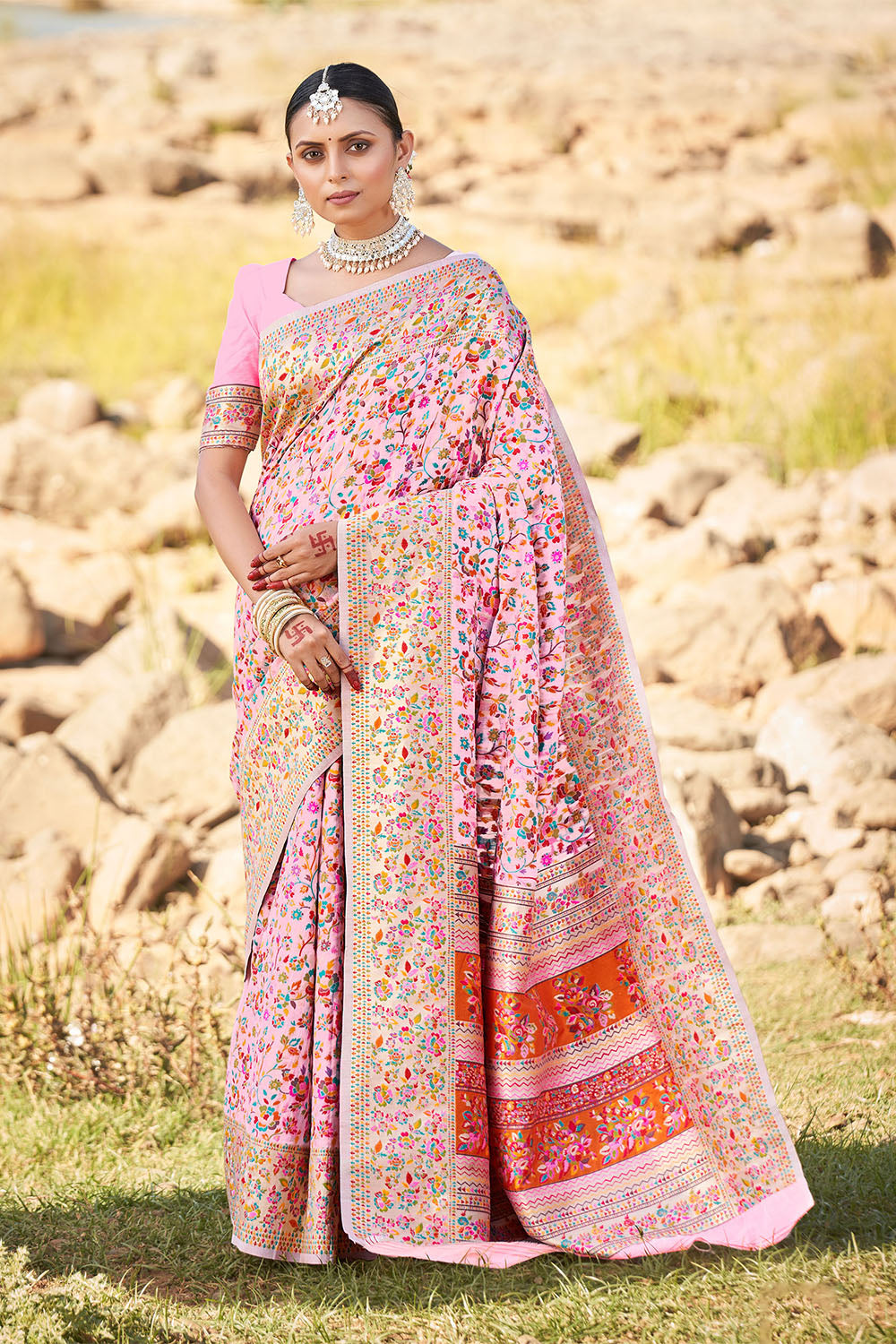 Blush Pink Woven Kashmiri Designer Saree with Intricate Zari Border and Pallu