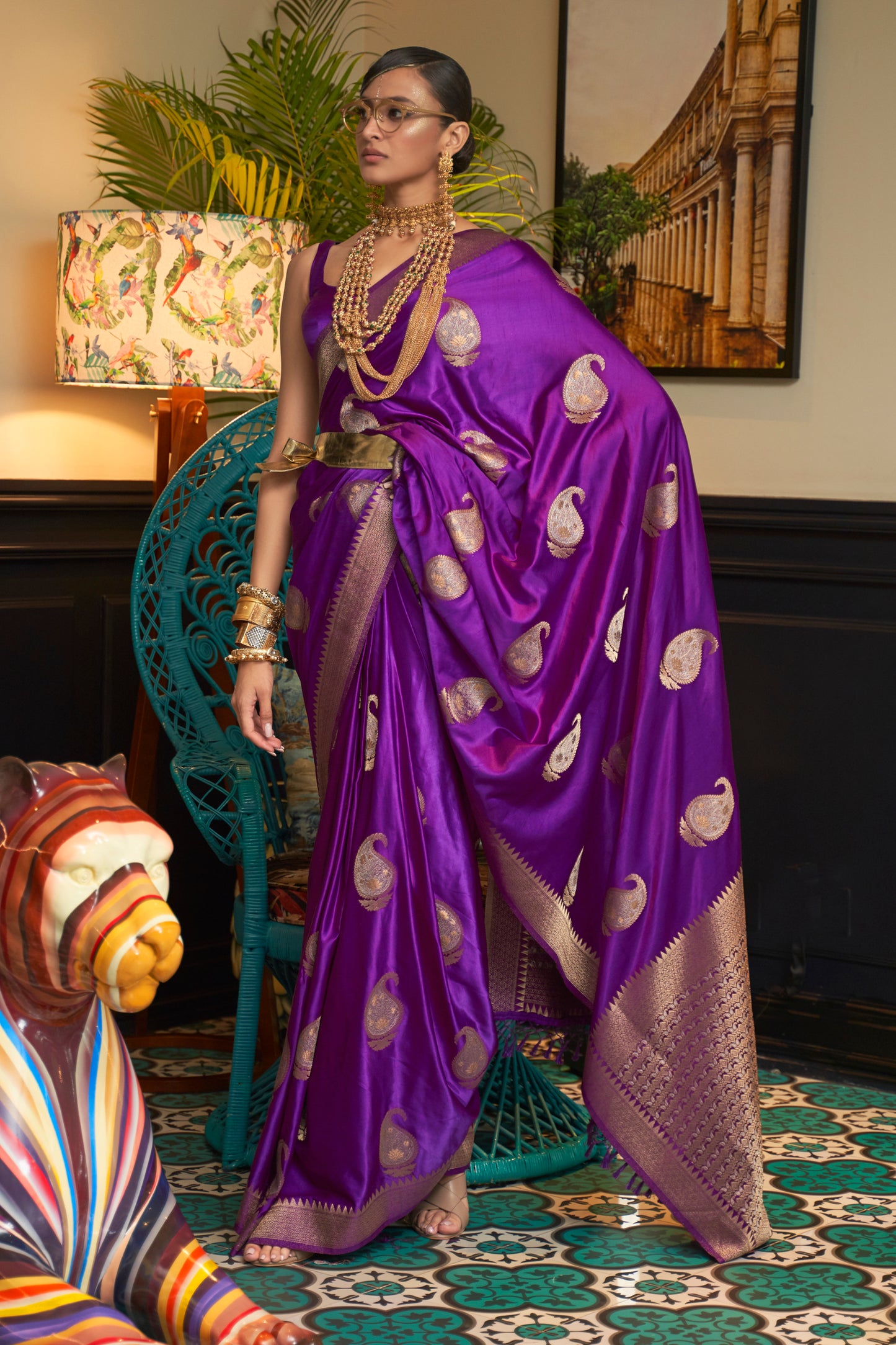 Purple Heart Pure Satin Two Tone Weaving Silk Saree For Wedding