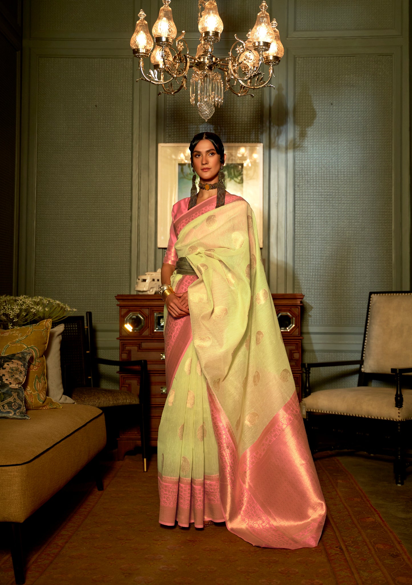 Yellow & Pink Woven Linen Silk Saree